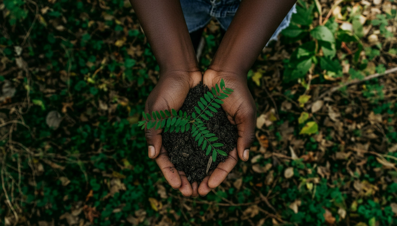 Hand holding forest soil